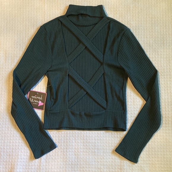 Mixed Threads Tops - Mixed Threads Open Back Criss Cross Ribbed Crop Top Mock Neck Size Small